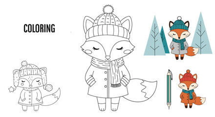 Educational coloring page layout featuring a cute winter fox in a coat and hat next to snowy pine trees for children.