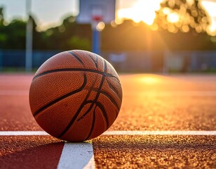 A close-up shot of a basketball on a court. The sun sets in the background. It is a daytime shot