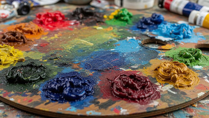 Artist palette with dried paint flecks, creative background with paint texture, colorful paint palette for design background, blog illustration and art education material