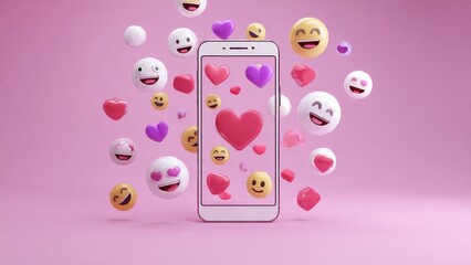 3D rendering of smartphone surrounded by social media reactions, flying hearts, and expressive emojis on a pink background. Concept for digital communication, online love, and dating apps.