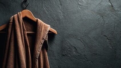 Brown robe on wooden hanger, dark wall