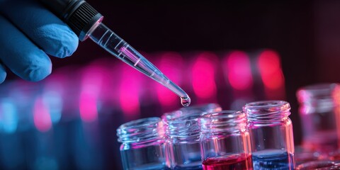 Scientist's gloved hand dropping liquid with pipette into glass vials in a vibrant laboratory setting