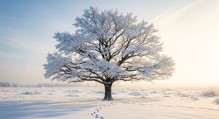 Fototapeta premium Snow covered tree in winter landscape under soft sunlight