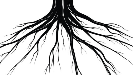 A black and white illustration of tree roots spreading out