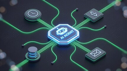 A high-tech 3D render illustrating an AI Agent chip connecting core digital functions: automation, coding, data management, and communication on a futuristic circuit board infrastructure.