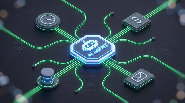 A high-tech 3D render illustrating an AI Agent chip connecting core digital functions: automation, coding, data management, and communication on a futuristic circuit board infrastructure. - Powered by Adobe