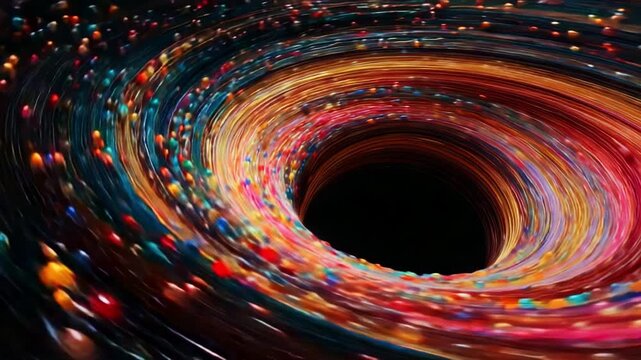 Captivating Visualization of a Black Hole Whirling with Colorful Particles, Creating a Dynamic Scene Where Space Meets Vibrant Energy in a Cosmic Dance of Matter and Light