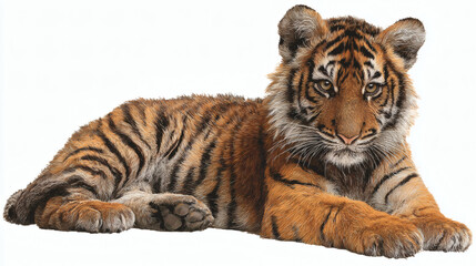 Obraz premium Tiger Laying White Background Stripes