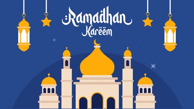 Ramadhan Kareem Banner with Mosque Lanterns and Stars in Flat Vector Design