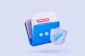 3d folder and paperwork for management file with shield protection, document organization work on project. Document with secret files icon. 3d folder secure protect icon vector render illustration