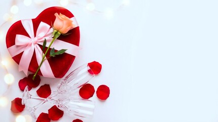 A red box with a pink ribbon and a rose on top of it. The box is placed on a white background