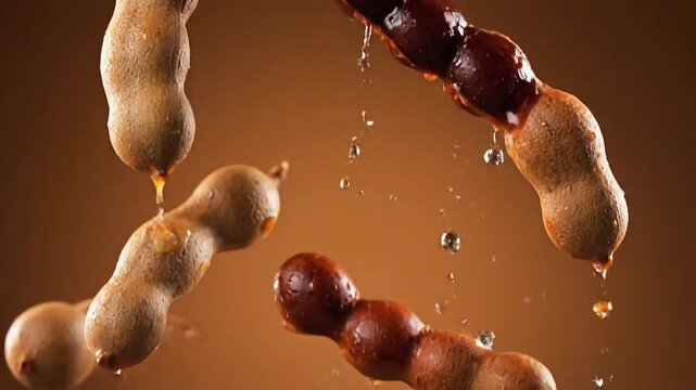 Fresh tamarind pods falling in slow motion with rich texture