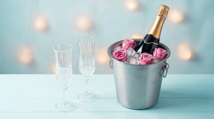A silver bucket filled with ice and roses is on a table next to two wine glasses. The scene is elegant and romantic, with the bucket and glasses suggesting a celebration or special occasion