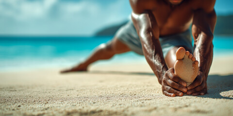 fit man stretching on tropical sand no face visible focused on toned muscles and wellness routine