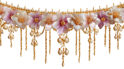 Elegant Christmas tree decorations featuring gold chains and luxury pearl jewelry accessories are isolated on white for a festive and shiny holiday gift display