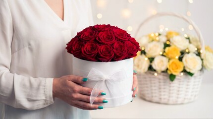 A woman is holding a bouquet of red roses in a white box. The bouquet is placed in front of a basket of yellow flowers. Concept of love and affection