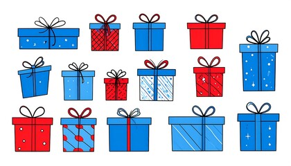 A collection of stylized gift boxes in varying shapes and colors with decorative bows