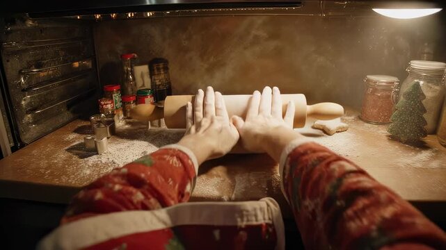 baking festive cookies, santa bakes holiday treats, santa shapes cookies amidst spice jars and cozy