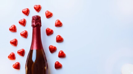 A bottle of champagne with a bunch of red hearts surrounding it. Concept of celebration and love