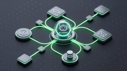 Futuristic AI Agent Automation Network. 3D Render of a Chatbot sphere linking to Database, Coding, Scheduling, and Communication icons via glowing green light connections.