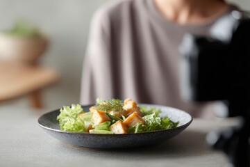 Healthy food influencer concept, Asian blogger presenting nutritious meal on live streaming