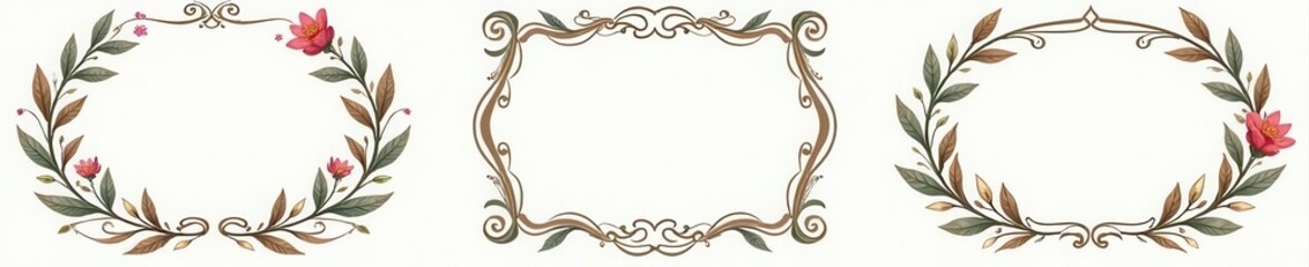 Elegant floral frames & labels; continuous line art, laurel leaves, swirls, ornate, award, vector illustration, nature, clipart, laurel