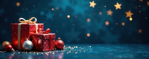 Dark blue background, glittering stars, wrapped presents, festive baubles , festive, luxury, stars
