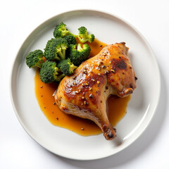 Roasted chicken leg with vibrant green broccoli and savory sauce on a plate