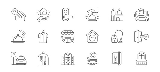 Vacation, travel symbols or signs. Hotel and accommodation set of outline icons. Motel, hostel concept