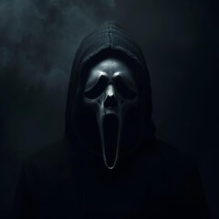 Horror Mask Ghostface Scream Creepy Dark Halloween with Menacing Aesthetic and Cinematic Smoke