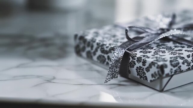 A floral patterned gift box with a silver ribbon sits on a marble surface. The bow is centered