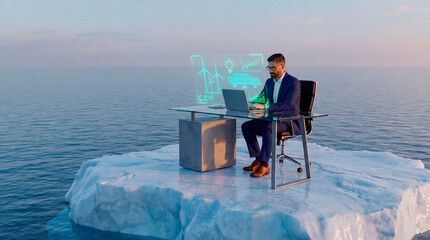 Man analyzing renewable energy data at desk on iceberg