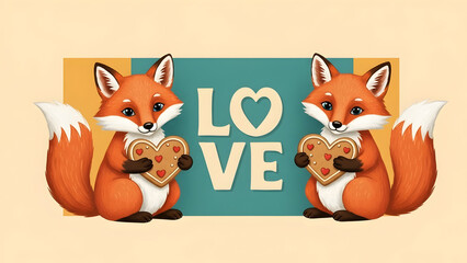 Adorable fox couple holding heart shaped cookie with love text in charming romantic animal themed
