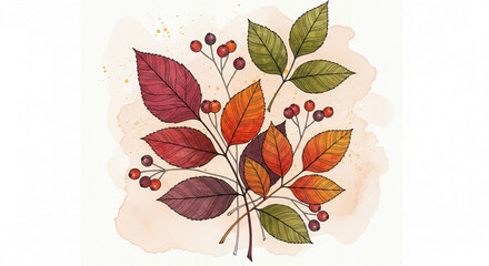 Autumn leaves and berries watercolor illustration, showcasing fall colors and nature's beauty, ideal for seasonal designs or greeting cards, free space for text