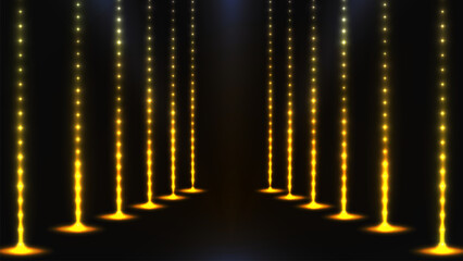 elegant vertical golden light curtains glowing particles streams luxury ambient stage road background