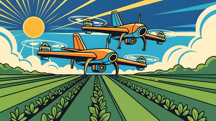 Autonomous aerial drone monitoring expansive green farmland with orderly crop row and vegetation growth showcased as clean agricultural technology