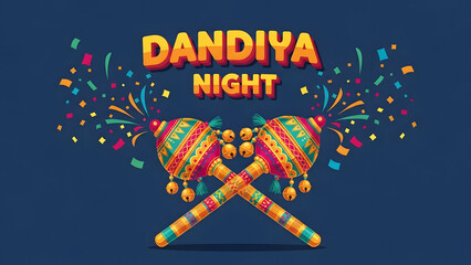Two decorated dandiya stick with festive confetti and celebratory text, traditional Indian dance symbol highlighting Navratri culture, joyful movement and vibrant heritage