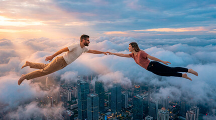 Man and woman flying above city clouds while reaching hands