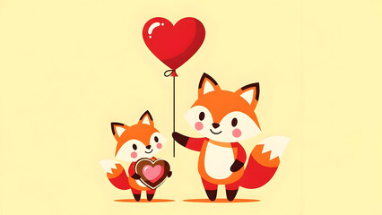 Two cute foxes holding a heart balloon and chocolate gift, charming Valentine love scene expressing affection, sweetness and joyful romance in adorable decorative