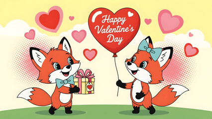 Two cute fox character celebrating Valentine Day with wrapped gift and romantic accent, adorable animal love scene expressing affection, joy and sweet holiday mood