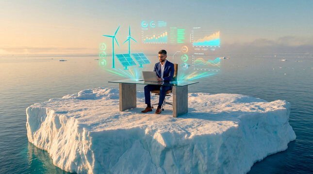 Man working on laptop at desk on iceberg with energy data screens