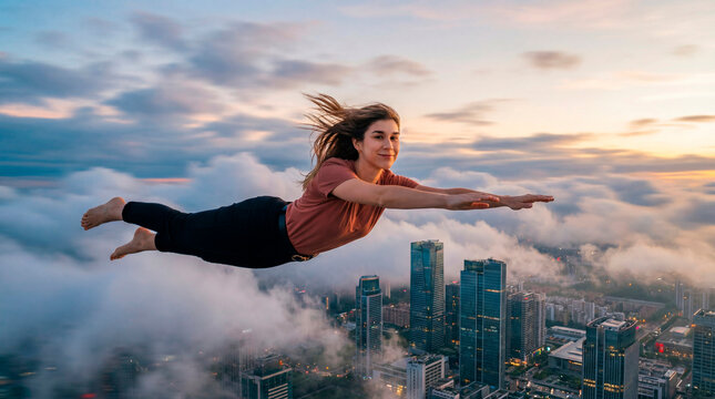 Young woman flying alone above city clouds at sunset