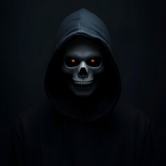 Skull Hooded Reaper Dark Horror Evil Gothic with Glowing Orange Eyes and Cinematic Lighting