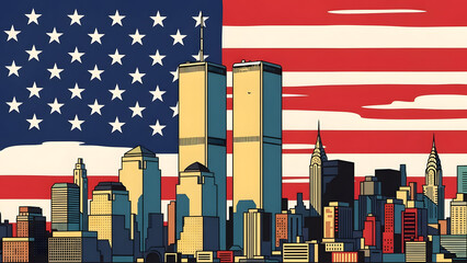 Twin tower skyline with American flag backdrop, iconic New York City urban landmark symbolizing heritage, patriotism and architectural identity