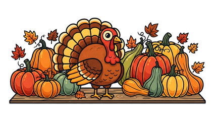 Roasted turkey with pumpkin display on rustic wooden tabletop, traditional Thanksgiving harvest feast scene conveying autumn warmth and seasonal celebration,