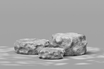 Rough Stone Podium Display Stand Mockup With Concrete Rock Texture And Leaf Shadow On Grey Background
