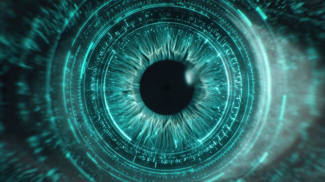 Futuristic digital eye scan with pulsating teal rings tightening in synchronized rhythm depicting glaucoma progression through intraocular pressure.