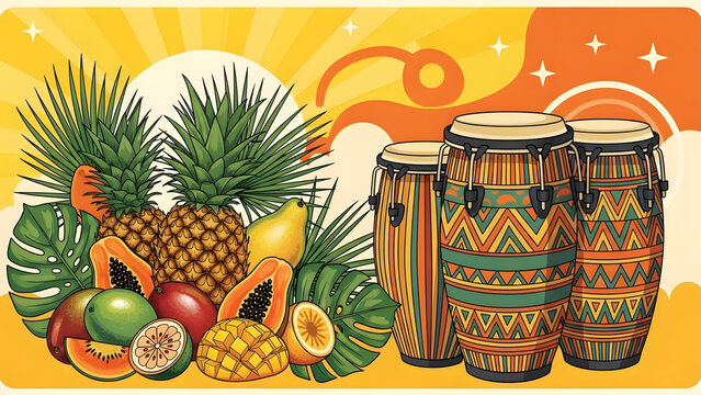 Tropical conga drum and exotic fruit arrangement with lush palm leaf accents, vibrant summer rhythm concept blending music and nature in colorful festive