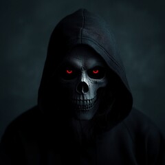 Skull Hooded Reaper Dark Horror Evil Gothic with Glowing Red Eyes and Cracked Texture