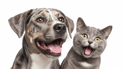 Fototapeta premium Dog and Cat Pose Joyfully Together Side By Side
